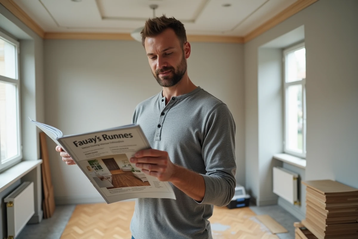 Homme tenant un magazine de rénovation dans un salon en cours de travaux avec parquet et murs replâtrés