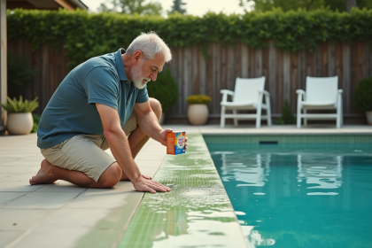 Homme en été saupoudrant du bicarbonate sur des algues dans la piscine