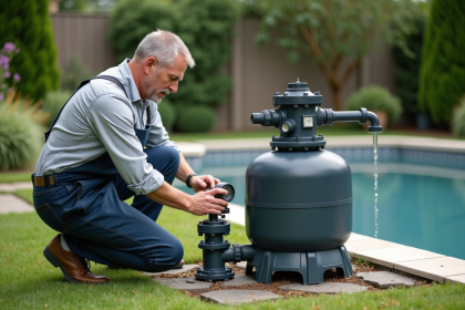 Homme ajustant le manomètre d'un filtre sable dans le jardin