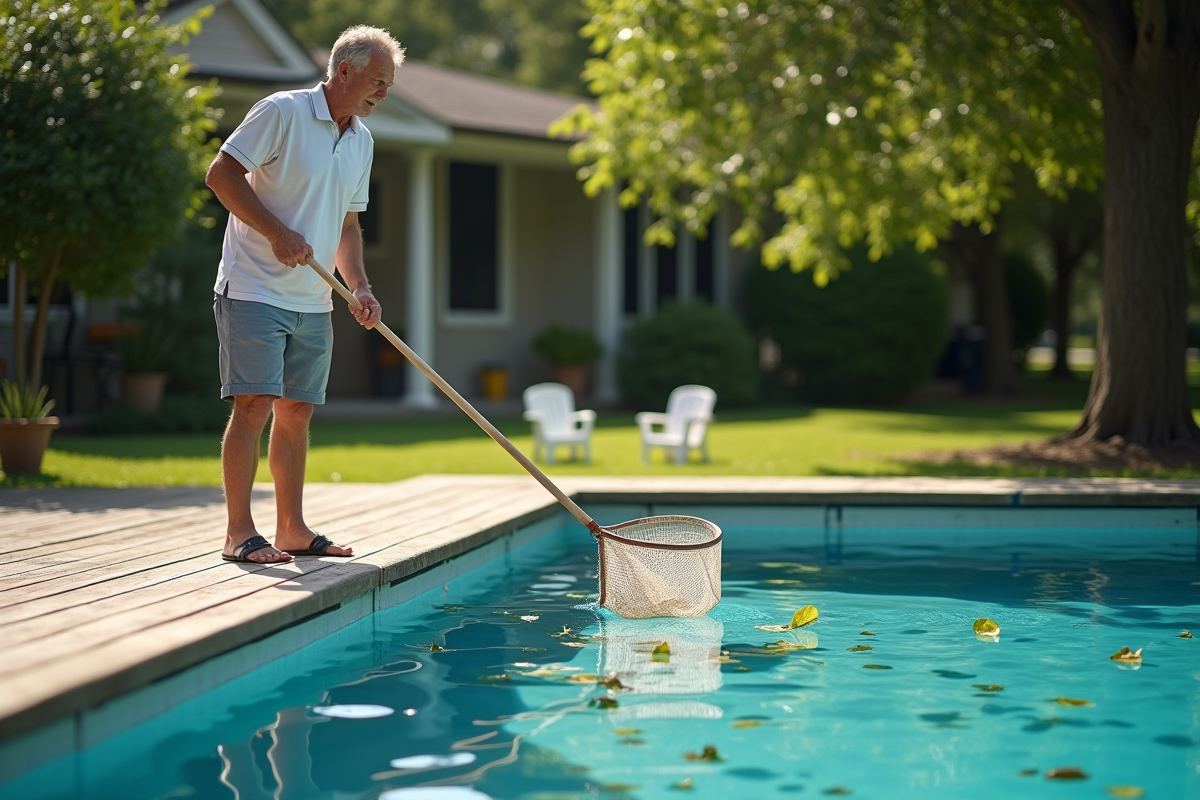 Homme utilisant un filet pour nettoyer une piscine familiale