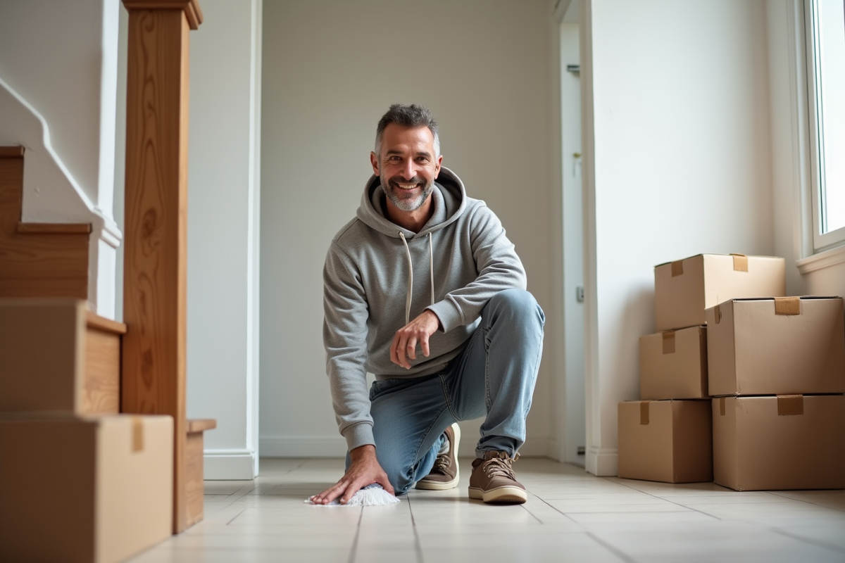 Homme nettoyant le sol dans un hall d