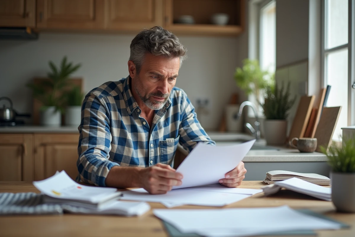 Homme d'âge moyen examinant des factures de rénovation