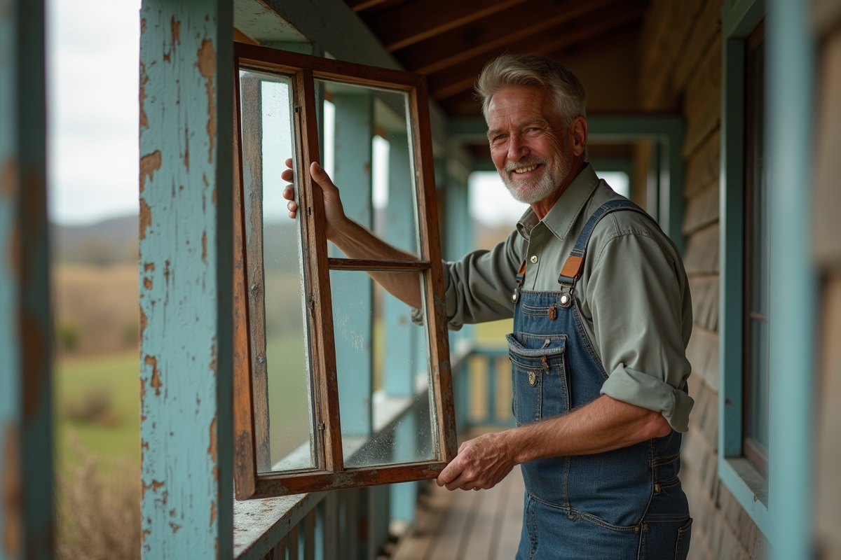 Homme âgé retire une vitre ancienne sur le porche extérieur