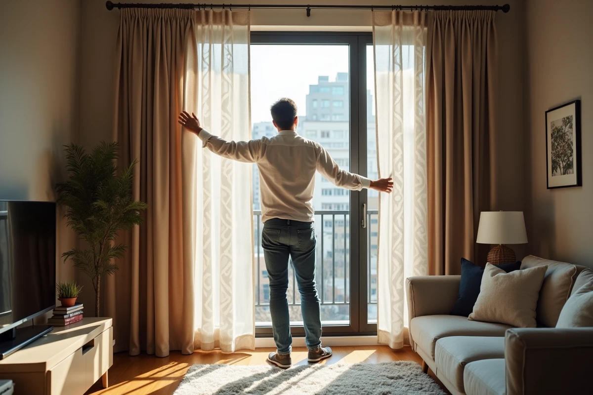 Homme ajustant des rideaux géométriques dans un appartement