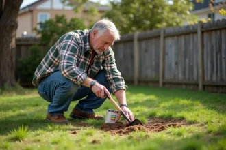 Homme d'âge moyen en jeans et chemise à carreaux en train de resemer le jardin