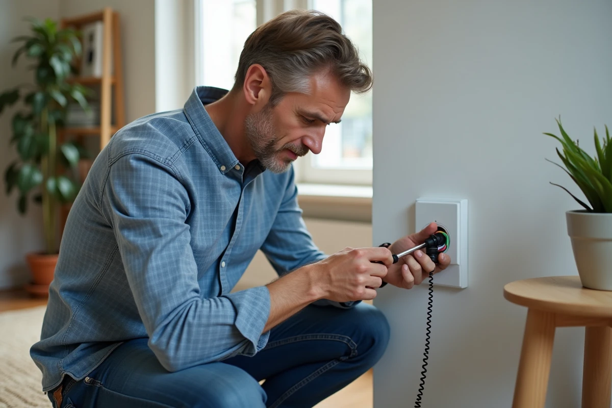 Homme vérifiant câbles électriques dans un salon moderne