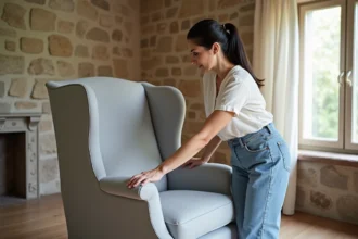 Femme installant une housse extensible grise sur un fauteuil en location saisonnière
