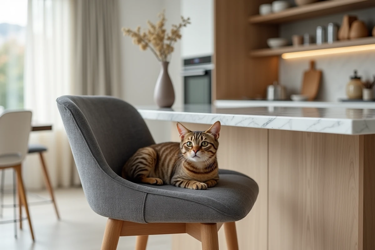 Housse de tabouret de bar en tissu résistant aux griffes avec un chat posé dessus dans une cuisine moderne
