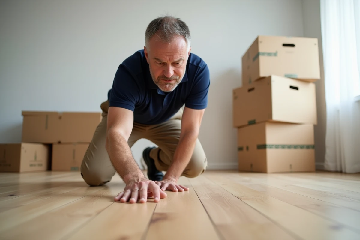 Inspecteur immobilier examinant un parquet neuf en chêne clair dans un salon fraîchement rénové