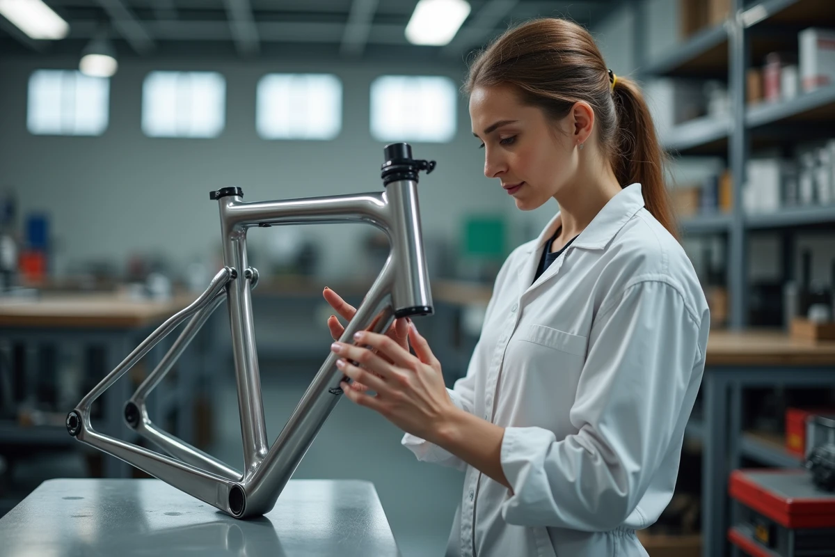 Ingénieure inspectant un cadre de vélo poudré