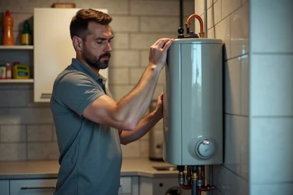 Homme moyenâgeux inspectant un chauffe-eau mural dans une buanderie