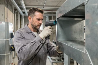 Technicien CVC inspectant l'intérieur d'une gaine de ventilation avec une caméra endoscopique dans une salle technique industrielle