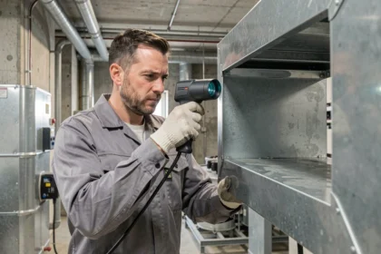 Technicien CVC inspectant l'intérieur d'une gaine de ventilation avec une caméra endoscopique dans une salle technique industrielle
