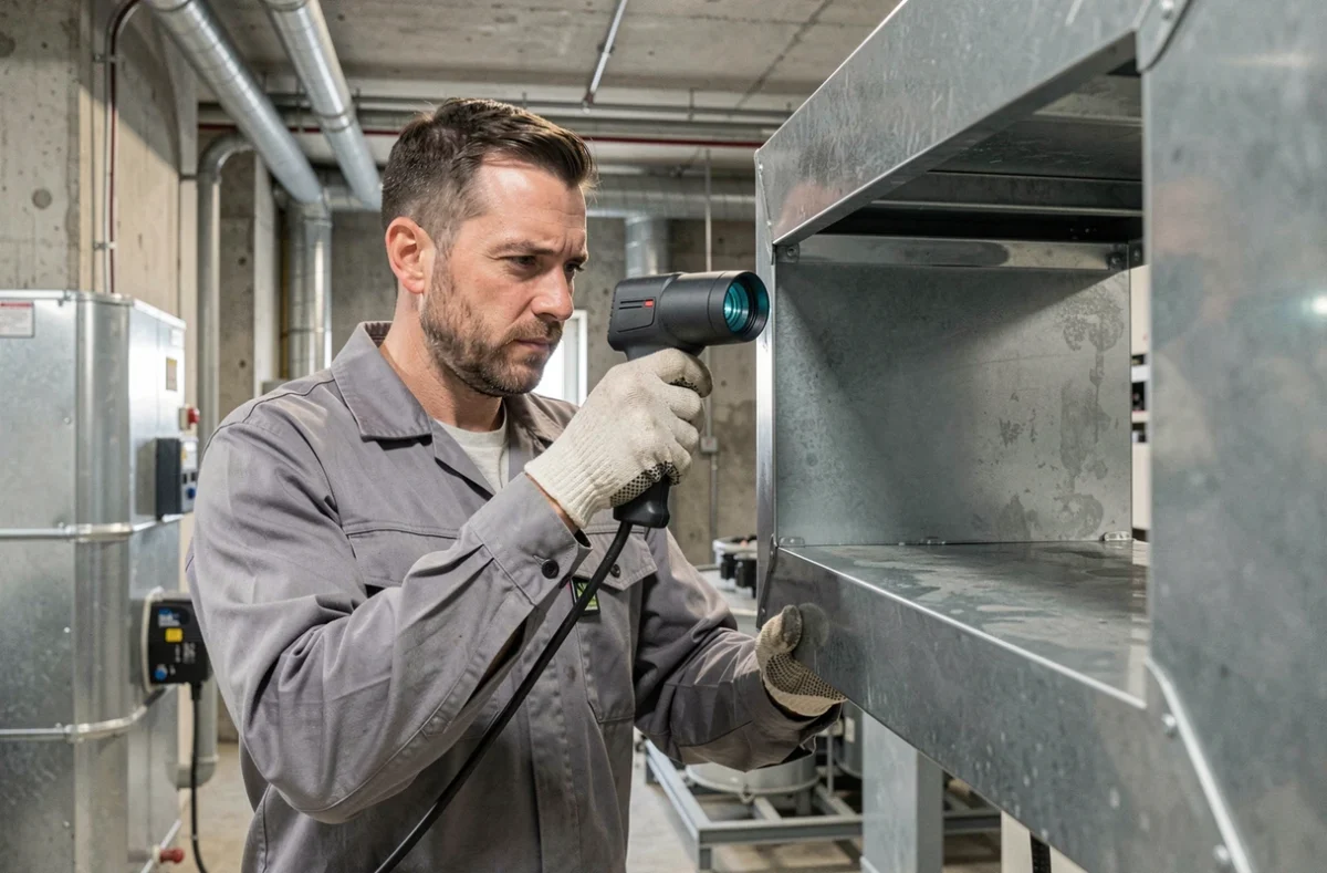 Technicien CVC inspectant l'intérieur d'une gaine de ventilation avec une caméra endoscopique dans une salle technique industrielle