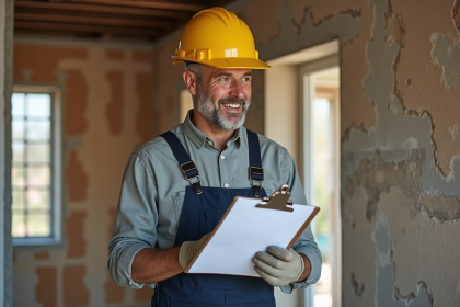 Homme en overalls inspectant l'isolation dans une rénovation énergétique