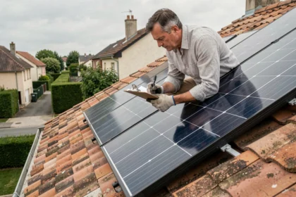 Homme inspectant des panneaux solaires monocristallins sur un toit de maison individuelle en France