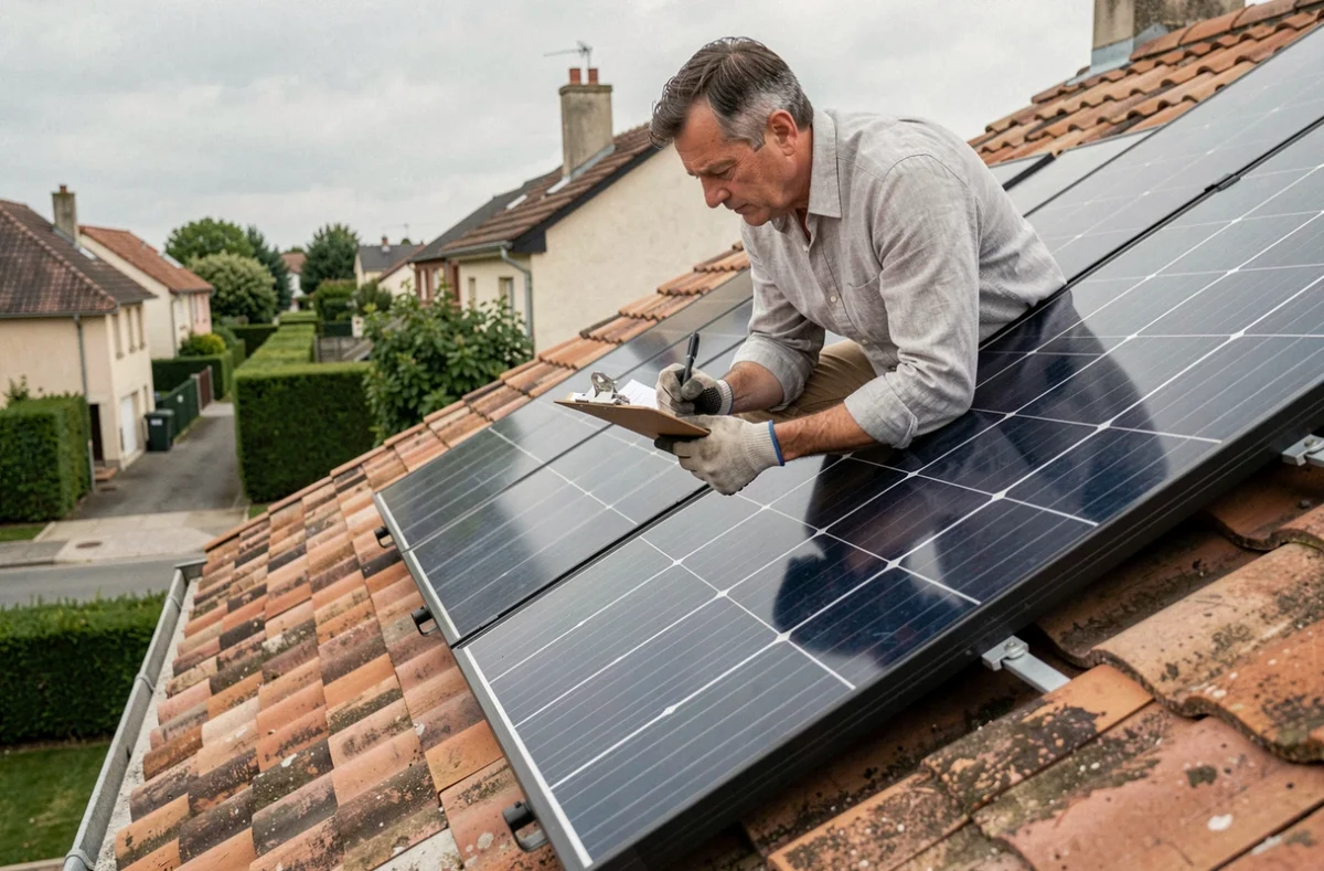 Homme inspectant des panneaux solaires monocristallins sur un toit de maison individuelle en France