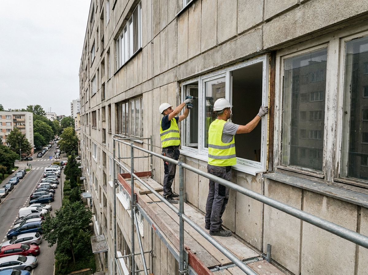 Pose d'un nouveau châssis de fenêtre en PVC sur la façade d'un immeuble en copropriété avec échafaudage
