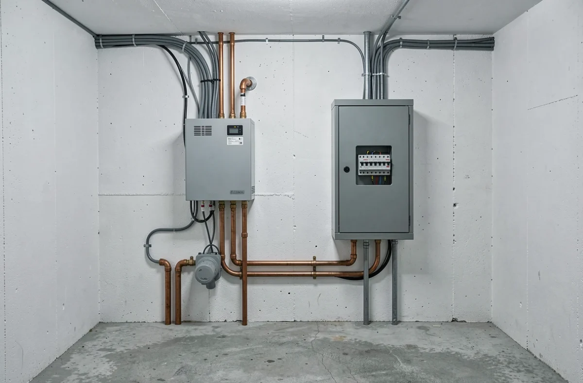 Installation intérieure d'une pompe à chaleur avec raccordement électrique au tableau et tuyauterie en cuivre dans une chaufferie de maison