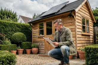 Homme installant un panneau solaire sur une cabane de jardin en bois pour un kit solaire autonome