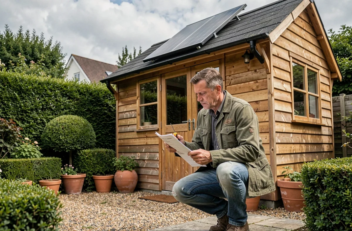 Homme installant un panneau solaire sur une cabane de jardin en bois pour un kit solaire autonome