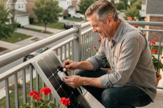 Homme installant un panneau solaire plug and play 800W sur le balcon d'une maison résidentielle