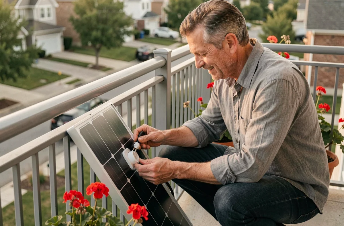 Homme installant un panneau solaire plug and play 800W sur le balcon d'une maison résidentielle