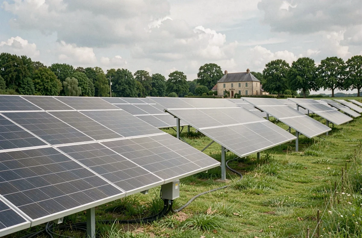 Rangées de panneaux solaires au sol dans un paysage rural français avec ferme en arrière-plan