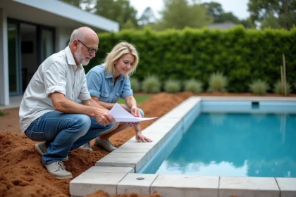 Couple regardant plans de la piscine dans le jardin
