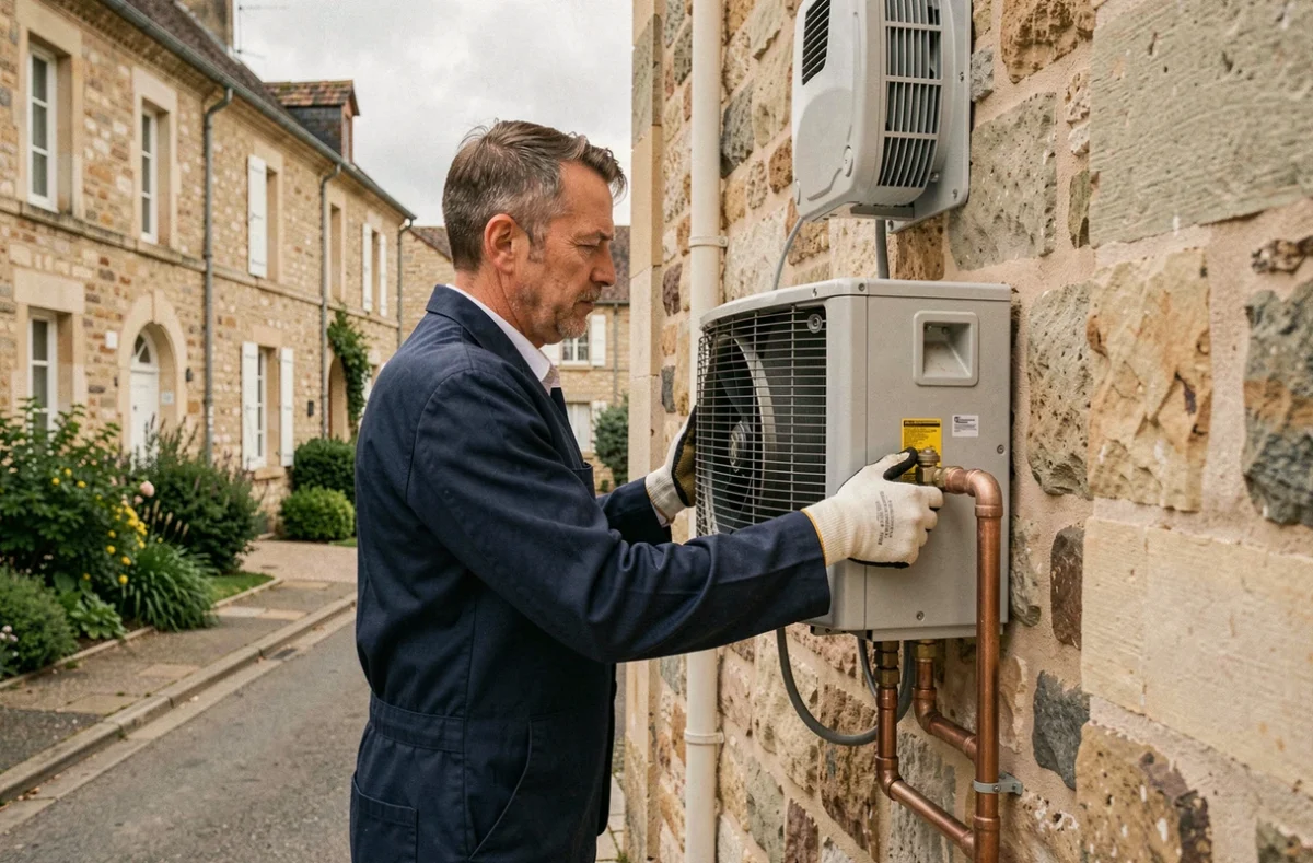 Technicien installant une pompe à chaleur sur la façade d'une maison en pierre à Poitiers