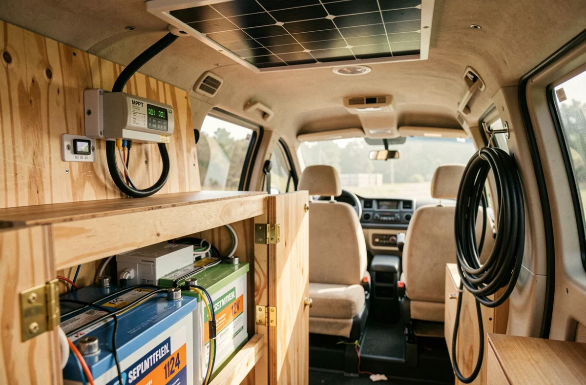 Intérieur d'un van aménagé avec panneau solaire flexible relié à des batteries 12V et un régulateur MPPT mural