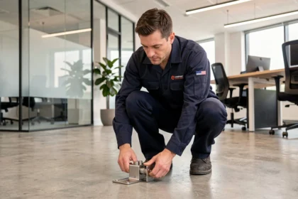 Technicien installant une stopte de porte professionnelle dans un bureau moderne aux cloisons en verre