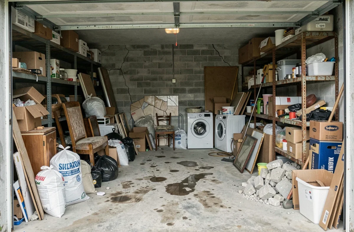 Intérieur d'un garage encombré de déchets volumineux et gravats avant débarras à Pontivy