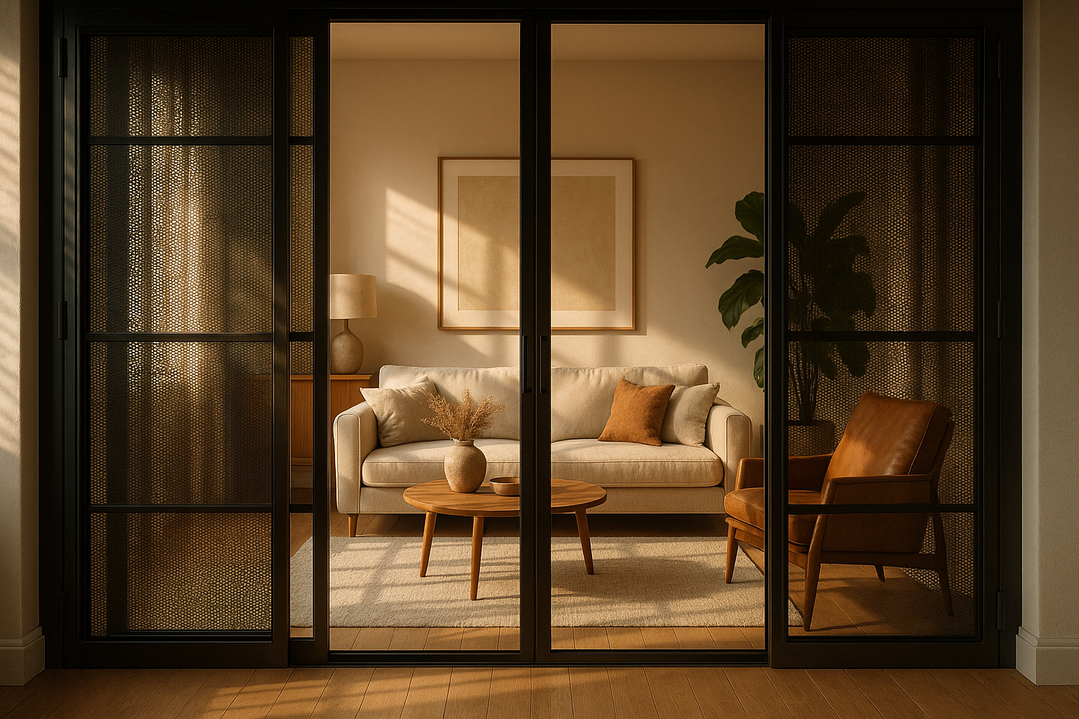 Salon intérieur chaleureux avec grandes portes et volets métalliques