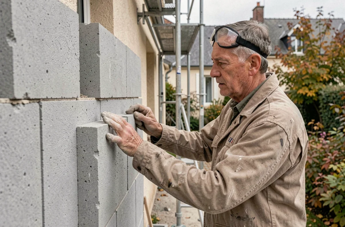 Ouvrier posant des blocs de siporex de 20 cm sur une façade extérieure en cours de rénovation