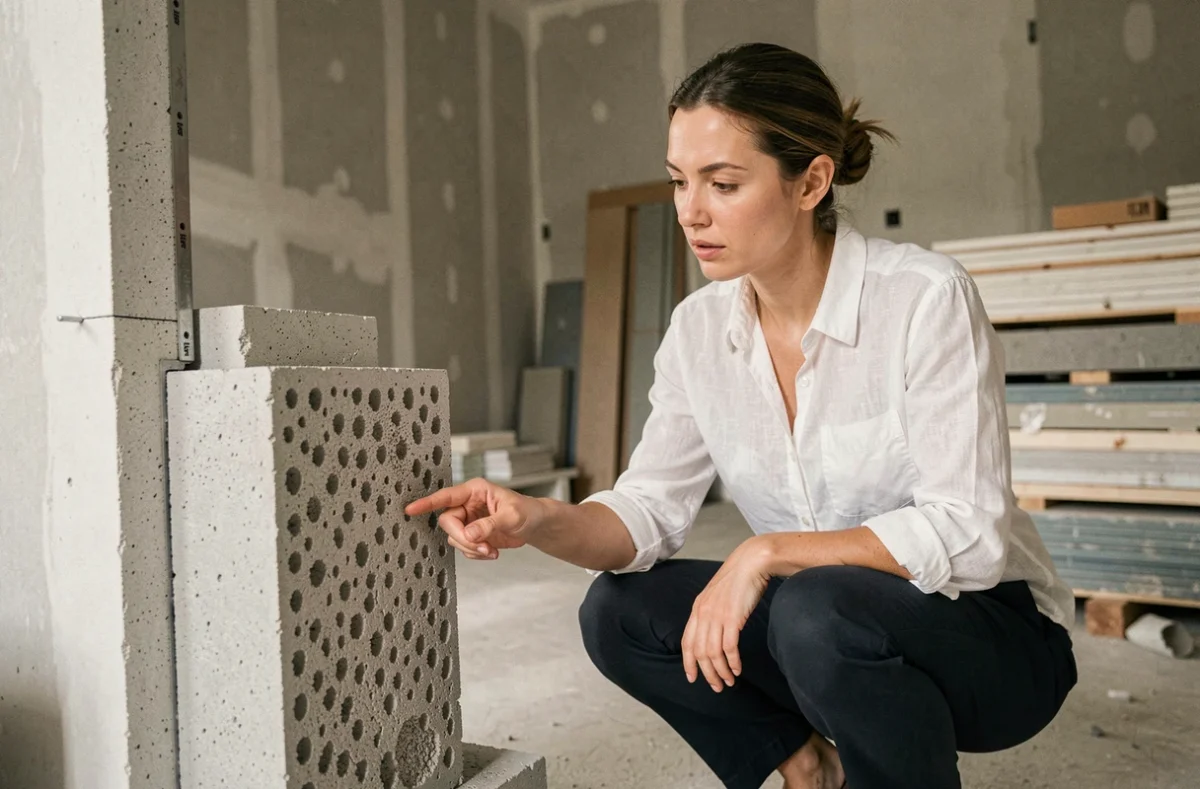 Architecte examinant une coupe transversale de bloc siporex 20 cm pour évaluer la résistance thermique en isolation intérieure