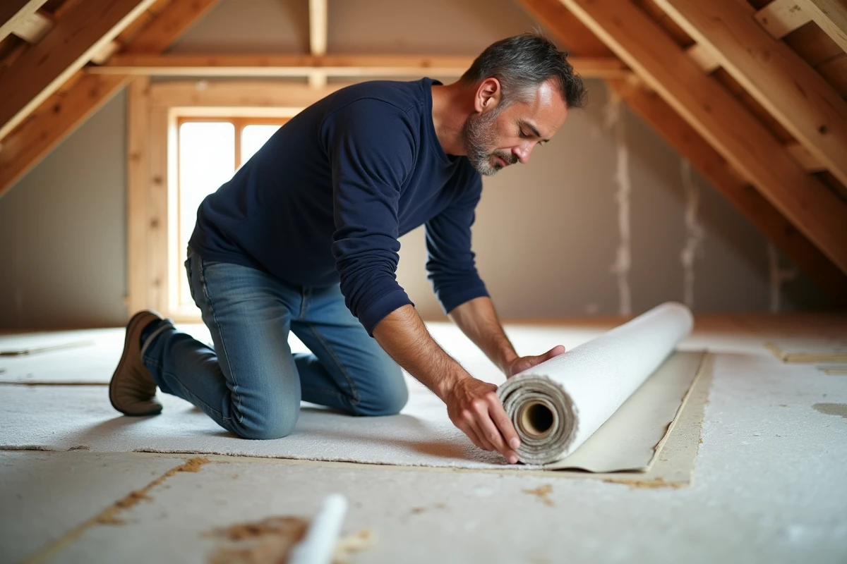 Homme en jeans pose sur le sol d'un grenier en rénovation