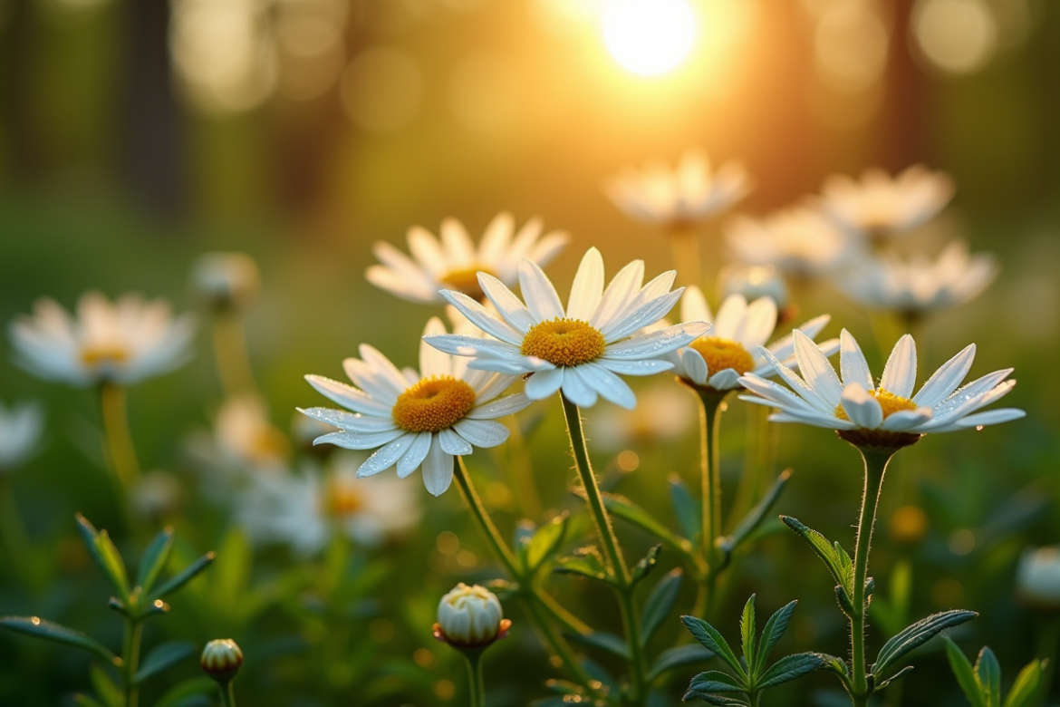 Jardin au lever du soleil avec des Edelweiss en premier plan