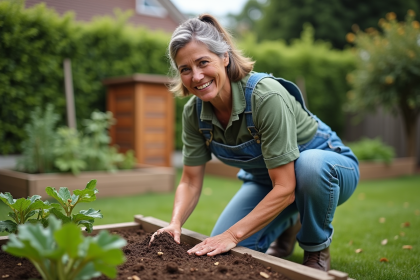 Femme en jardinage mulchant le sol dans un jardin verdoyant