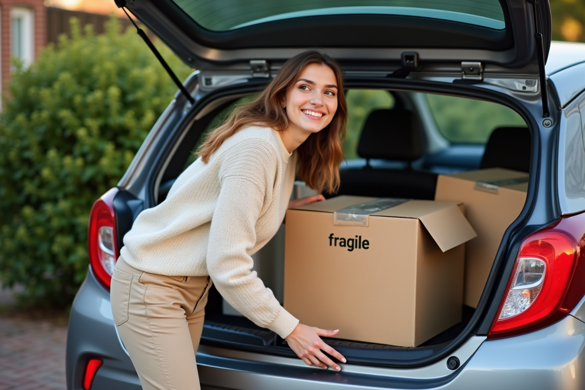 Jeune femme plaçant une box fragile dans le coffre d