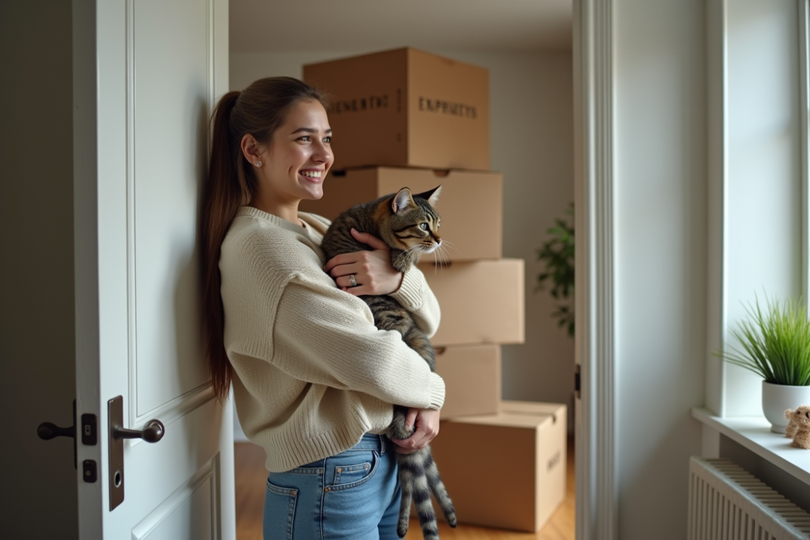 Jeune femme avec chat dans son nouvel appartement