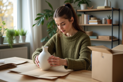Jeune femme emballant un vase en papier recyclé dans un intérieur lumineux