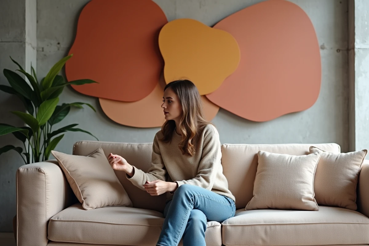 Jeune femme dans un salon moderne avec panneaux Filmorex