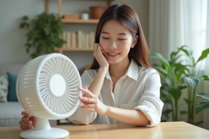 Jeune femme ajustant un ventilateur blanc dans un appartement cosy
