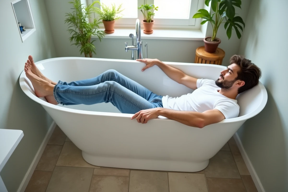 Jeune homme relaxant dans la baignoire avec plantes