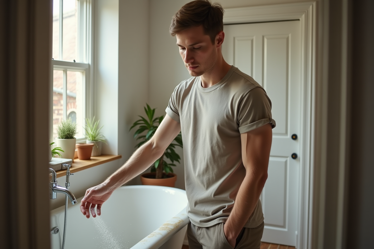 Jeune homme saupoudrant du bicarbonate dans la baignoire