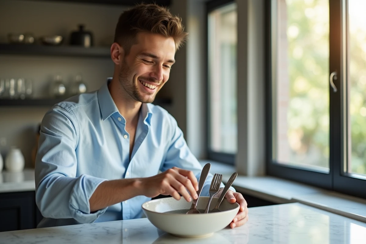 Jeune homme montre comment nettoyer des couverts en argent noirci