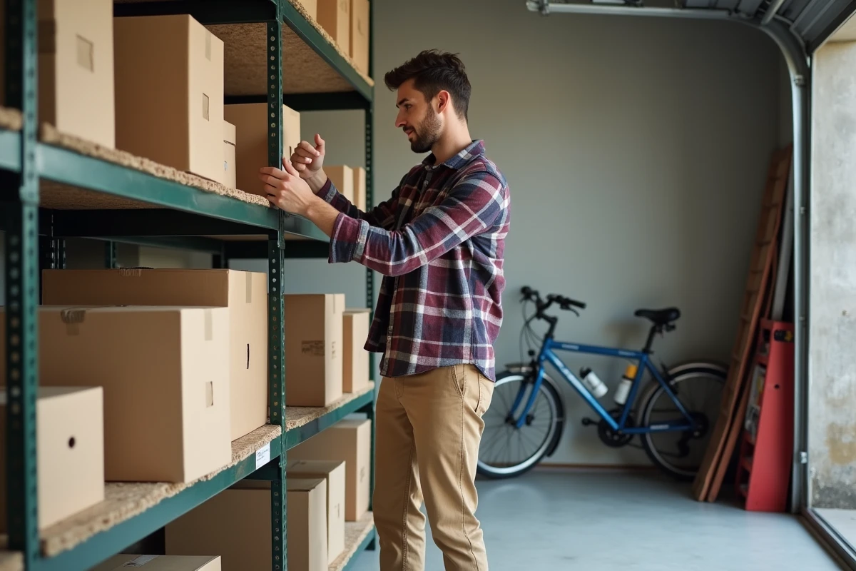 Jeune homme rangeant des cartons dans un garage lumineux