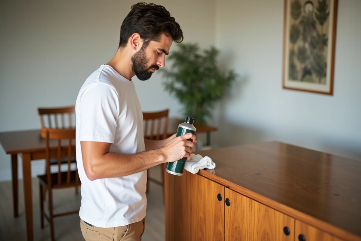 Jeune homme examinant un meuble en bois avec du polish