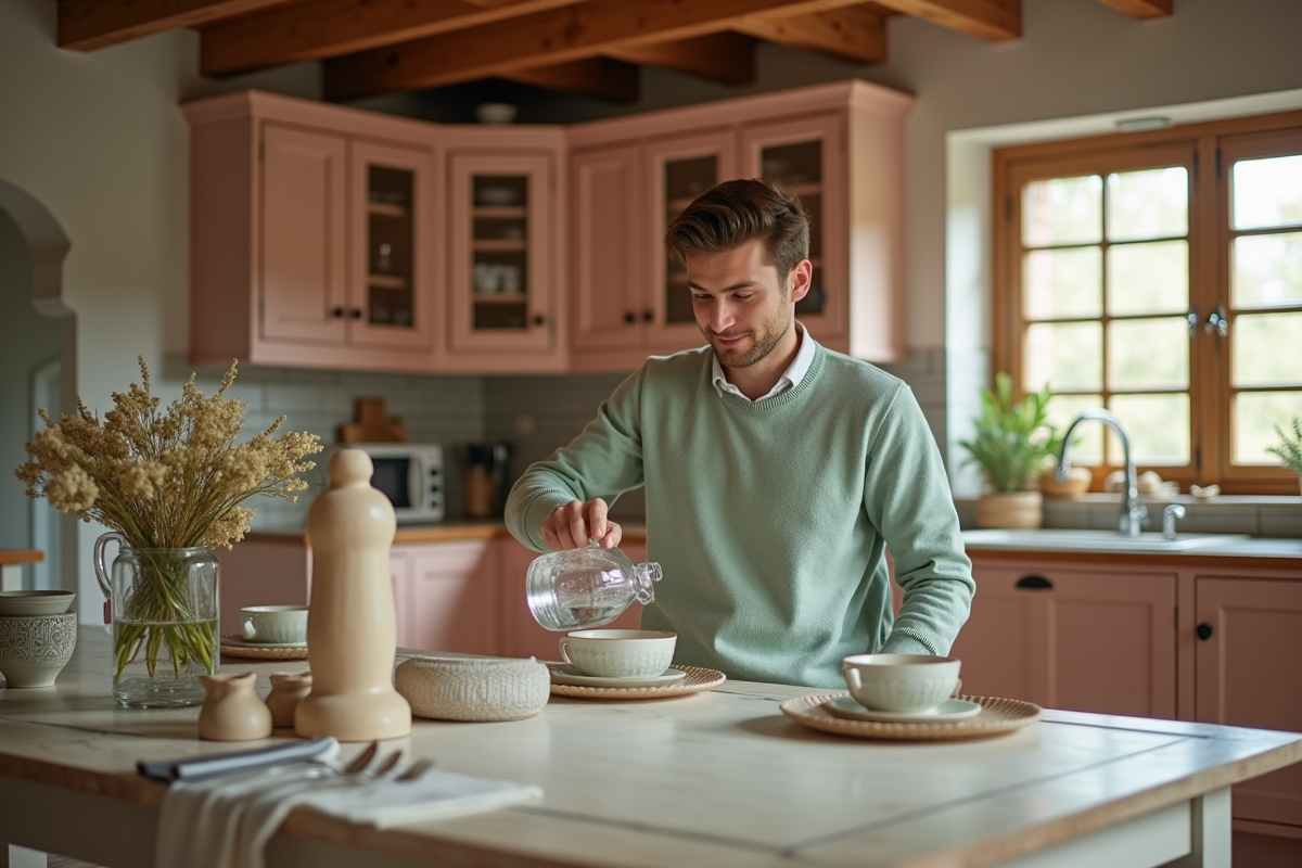 Jeune homme en pull vert assis à une table de ferme en cuisine lumineuse